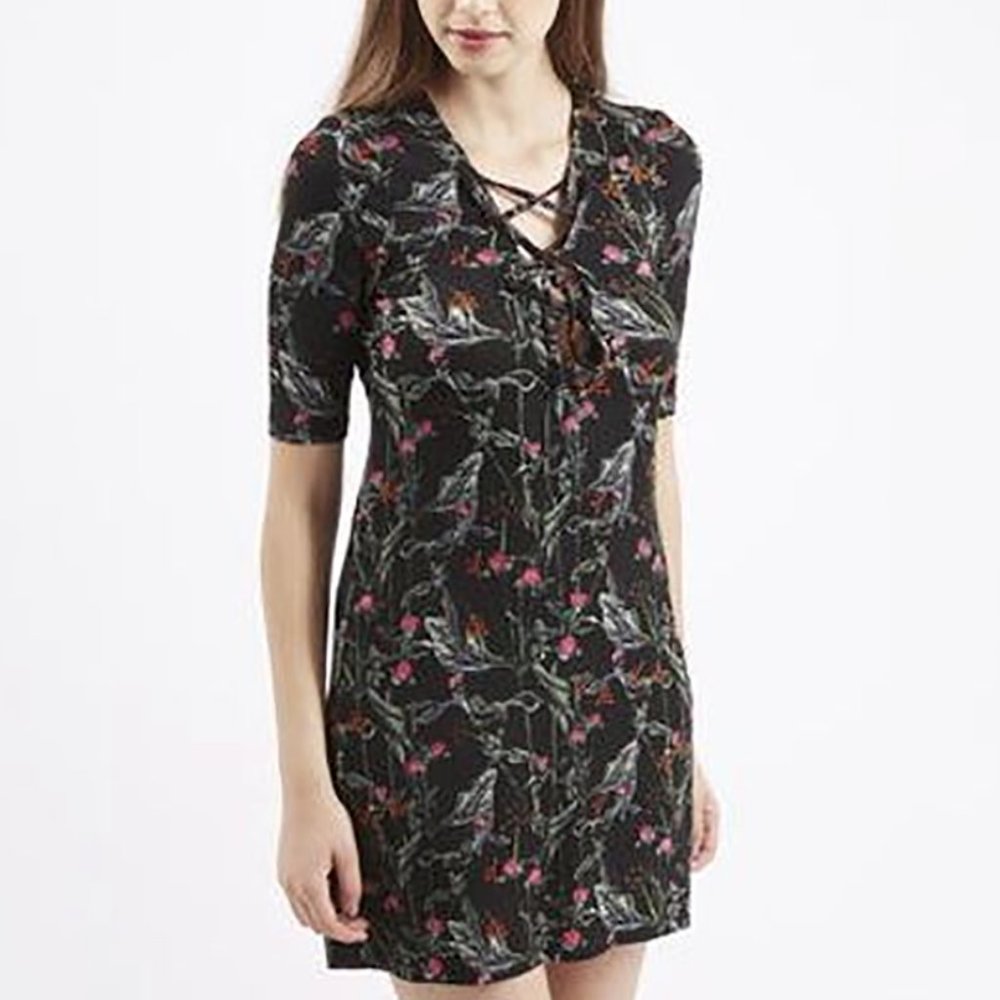 Topshop Laceup Floral Print Ribbed Mini Dress